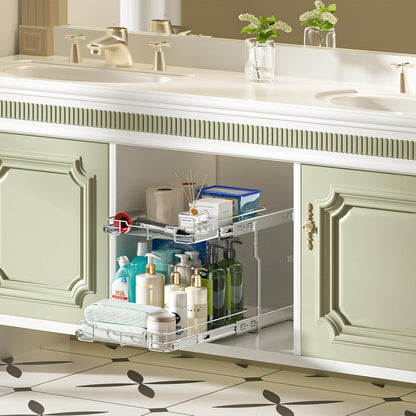 Pull Out Cabinet Organizer, Heavy Duty Cabinet Shelf Organizers, 2 Tier Cabinet Slide Out Shelves for Kitchen, Pantry, Bathroom, 14" W X 21" D