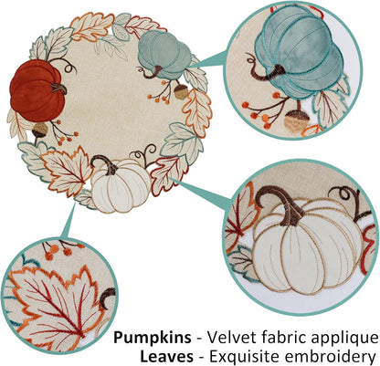 Thanksgiving Placemats Set of 4, Fall Pumpkins round Placemats, Embroidered Harvest Pumpkin Farmhouse Placemat for Dining Table, Fall Decor for Home, Halloween Table Decorations