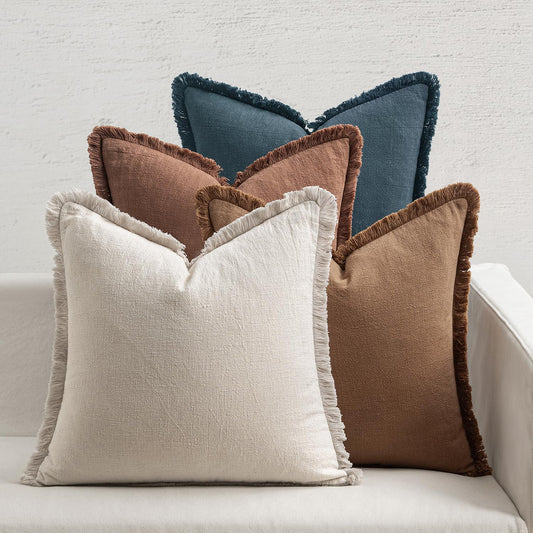 Set of 4 Neutral Linen Fringe Decorative Couch Pillow Covers - Modern Rustic Boho Farmhouse Cushions for Living Room and Bedroom Decor, 18x18 Inches, Beige/Brown/Blue