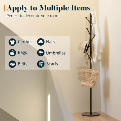Coat Rack Freestanding with Natural Marble Base, Coat Tree with 8 Hooks Heavy Duty Coat Hanger Stand, Metal Coat Rack Stand for Jacket, Hat, Clothes & Bag, Hall Tree Hat Rack for Entryway
