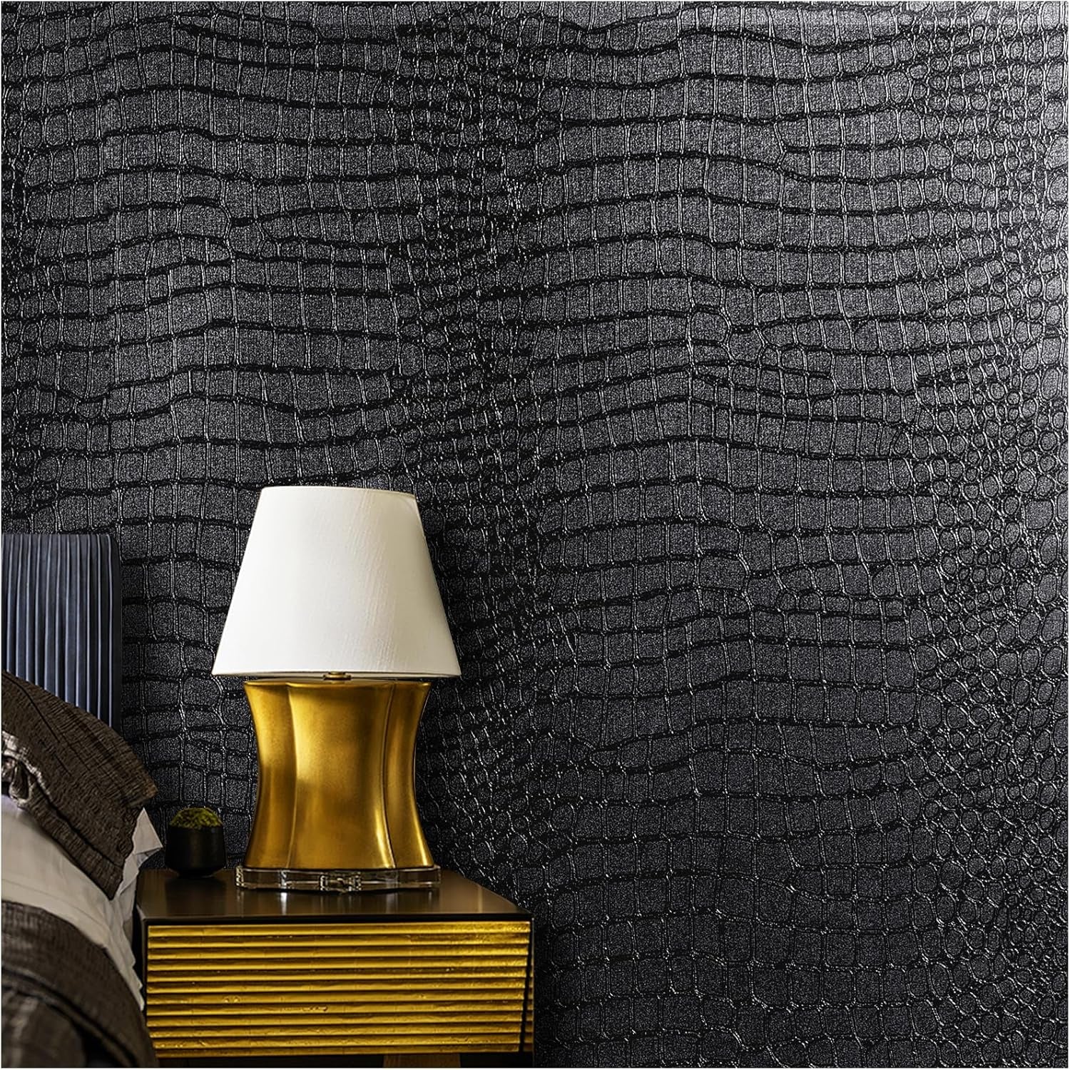Black Peel and Stick Wallpaper - Removable Crocodile Self Adhesive Embossed Easy Peel off Contact Paper - Textured for Cabinet Bedroom 15.7" X 78.7"