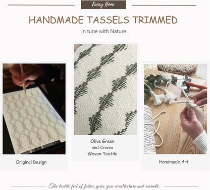 Set of 2 Boho Olive Green Lumbar Decorative Throw Pillow Cover 12X20 Inch for Couch Bed Sofa Chair, Modern Organic Farmhouse Home Decor, Soft Cute Accent Rectangle Cushion Case with Tassels