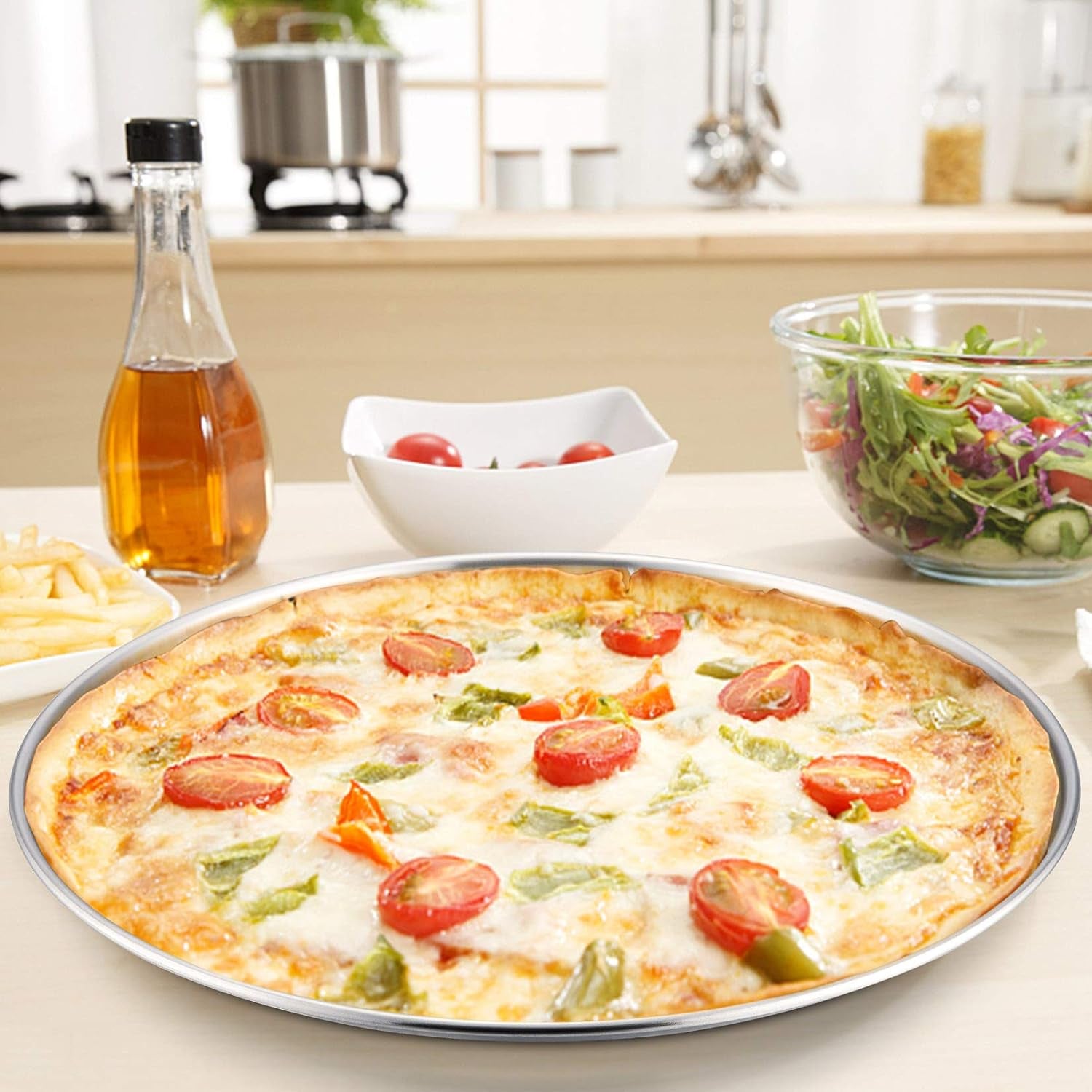 13.5 Inch Pizza Pan, 3 Pieces Stainless Steel round Pizza Tray Dish Plate for Oven Baking Roasting, Healthy & Heavy Duty, Rust Free & Dishwasher Safe -Silver