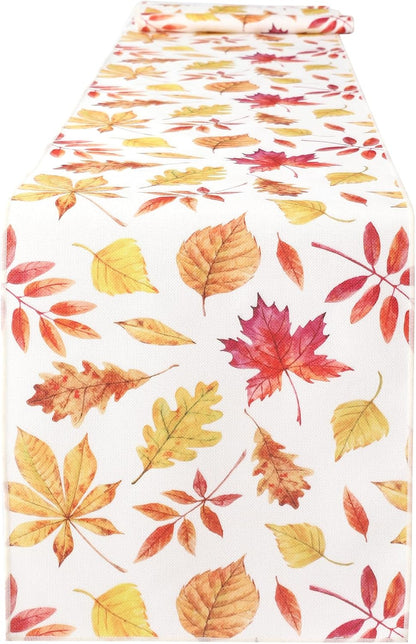 Fall Table Runner for Kitchen Dining Table, Thanksgiving Autumn Printed Harvest Pumpkins Maple Leaves Textured Fabric Halloween Holiday Home Decorations, Water-Proof, Washable, 13" W X 36" L