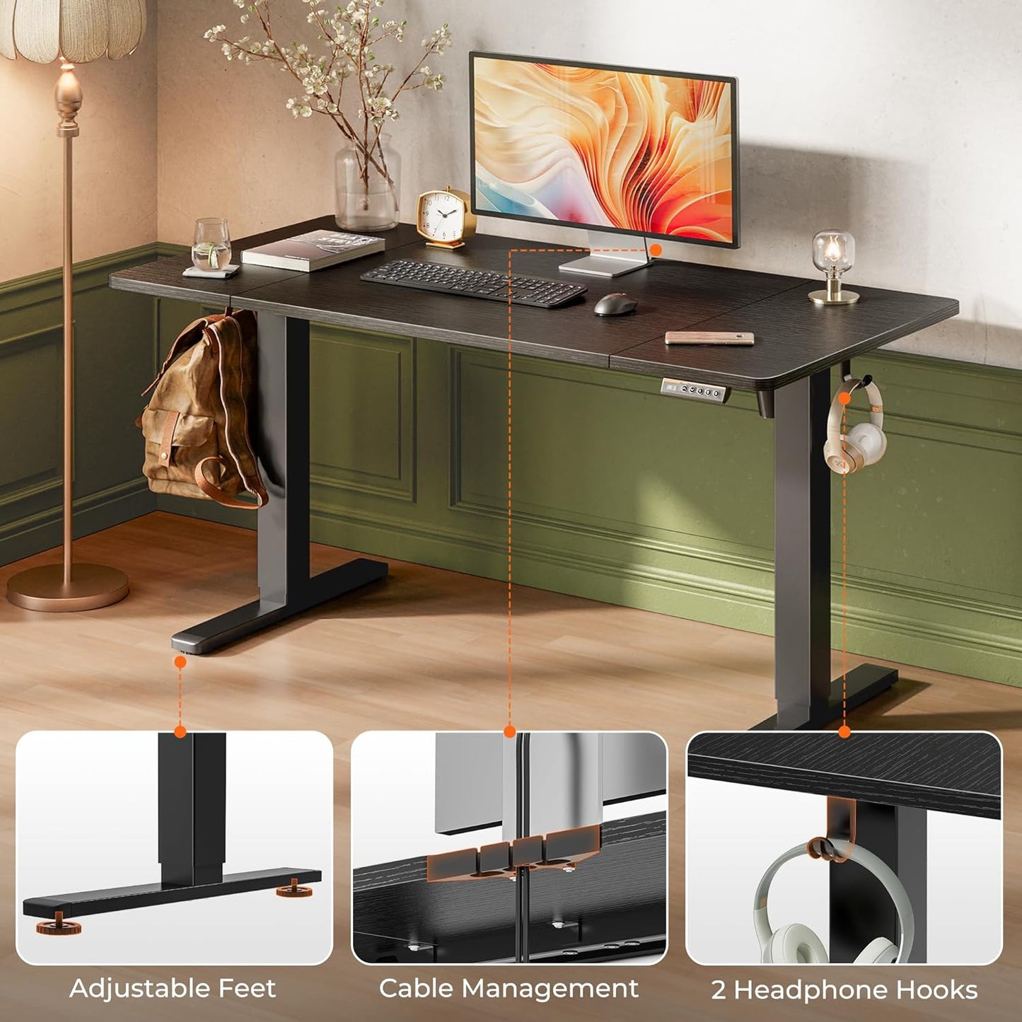 Large Electric Height Adjustable Standing Desk - 55" x 28" with 27.6" Deep Surface, 3 Preset Heights, 2 Hooks, Ideal for Home Office and Gaming, Black