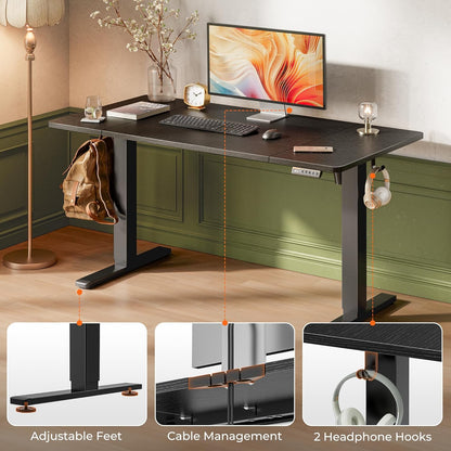 Large Electric Height Adjustable Standing Desk - 55" x 28" with 27.6" Deep Surface, 3 Preset Heights, 2 Hooks, Ideal for Home Office and Gaming, Black