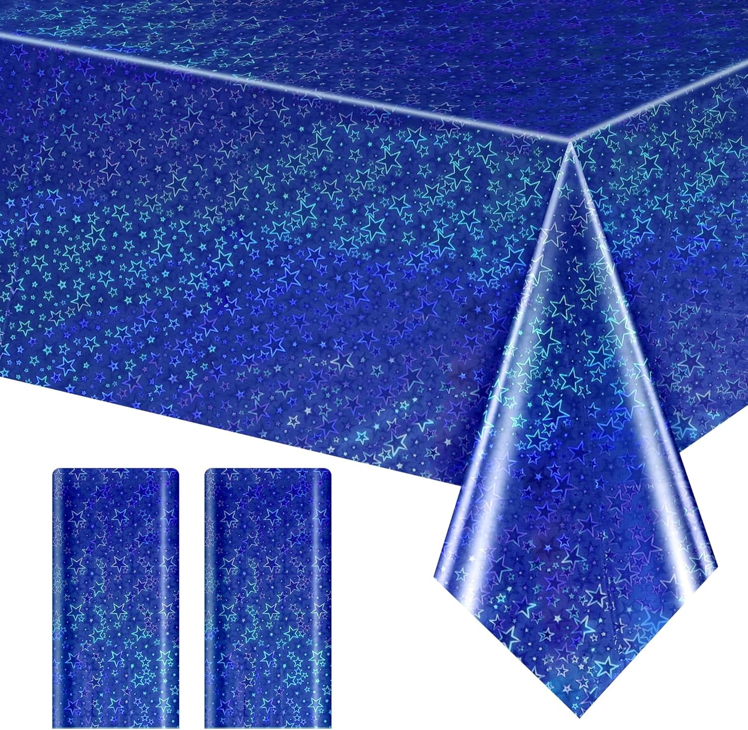Set of 2 Royal Blue Holographic Laser Tablecloths with Sparkling Star Design, 54 x 72 Disposable Shiny Table Covers for Birthday Parties, Weddings, Anniversaries, and Bachelorette Celebrations