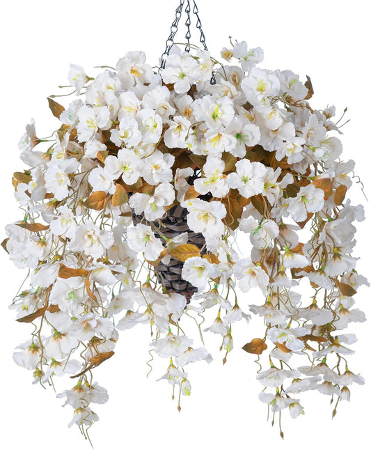 Artificial Fake Fall Hanging Flowers Plants Baskets for Outdoor Decoration, 5Pcs Faux Silk Hibiscus Long Vines in Planter UV Resistant Realistic Flower for outside Home Porch Patio Garden, Fall White