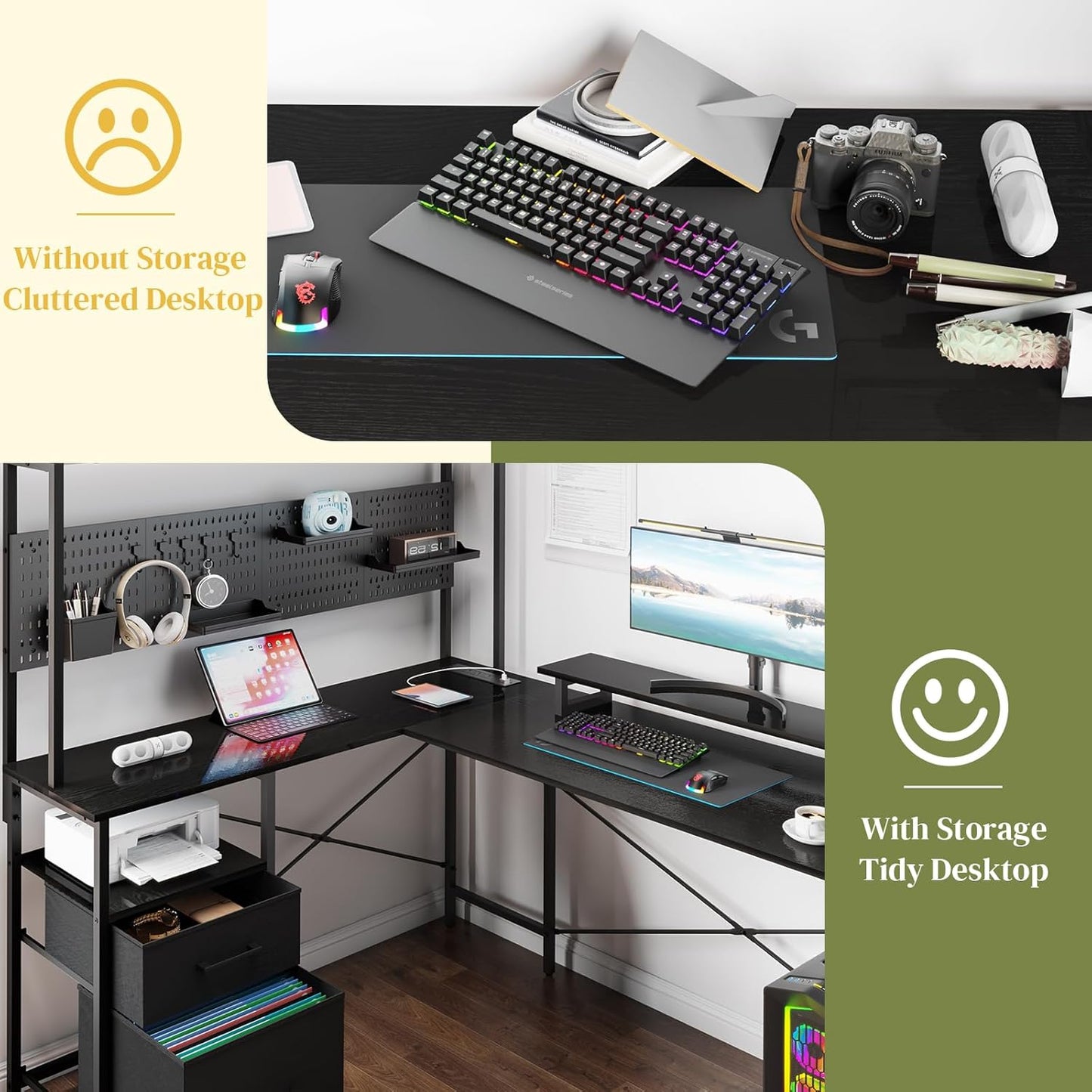 L Shaped Desk with Pegboard, Reversible Computer Desk with Drawers & Storage Shelves, Gaming Desk with LED Lights & Power Outlets, Office Desk with Monitor Stand Corner Desk Home Office Desks