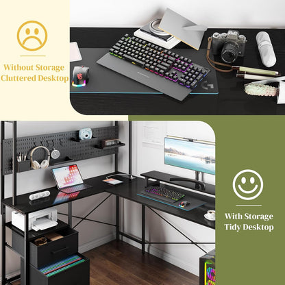 L Shaped Desk with Pegboard, Reversible Computer Desk with Drawers & Storage Shelves, Gaming Desk with LED Lights & Power Outlets, Office Desk with Monitor Stand Corner Desk Home Office Desks