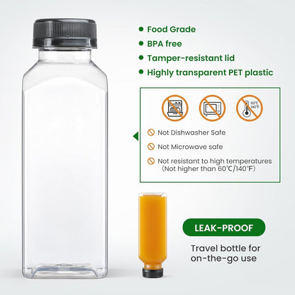 12 Pack, 12 OZ Reusable Plastic Juice Bottles with Caps, plus 12 Labels & 2 Silicone Funnels - Clear Juicing Bottles for Juice, Smoothies, Ginger, Tea, Coffee - Food Grade & Leakproof Travel Bottles