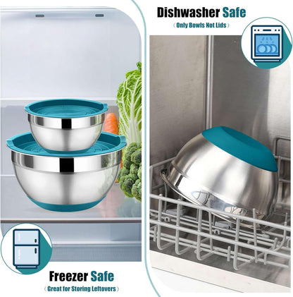 Mixing Bowl with Lid Set, 5 Piece Stainless Steel Mixing Nesting Bowls for Salad Storage, 3 Grater Attachments & Non-Slip Bottoms, Size 1/1.5/2 / 2.6/4.6 QT, Blue