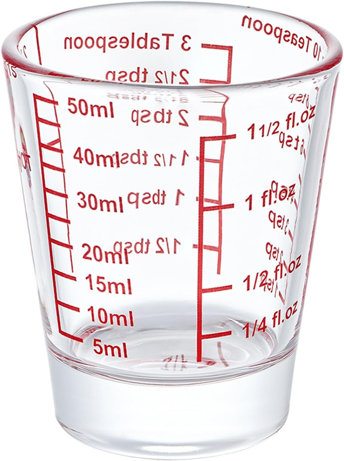 Ackers Mini Measure Heavy Glass, 32-Incremental Measurements Multi-Purpose Liquid and Dry Measuring Shot Glass, Red Single