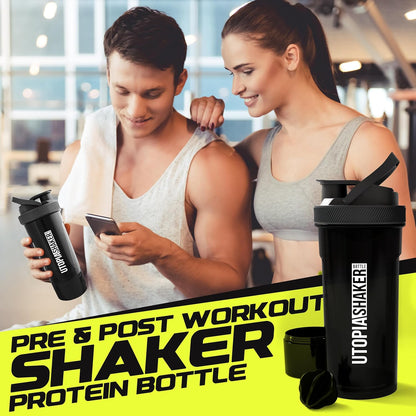 Shaker Bottle 2 Pack - 24 Ounce Plastic Protein or Cocktail Shaker Bottle for Pre & Post Workout with Twist & Lock Protein Box Storage (All Black & Clear/Black)
