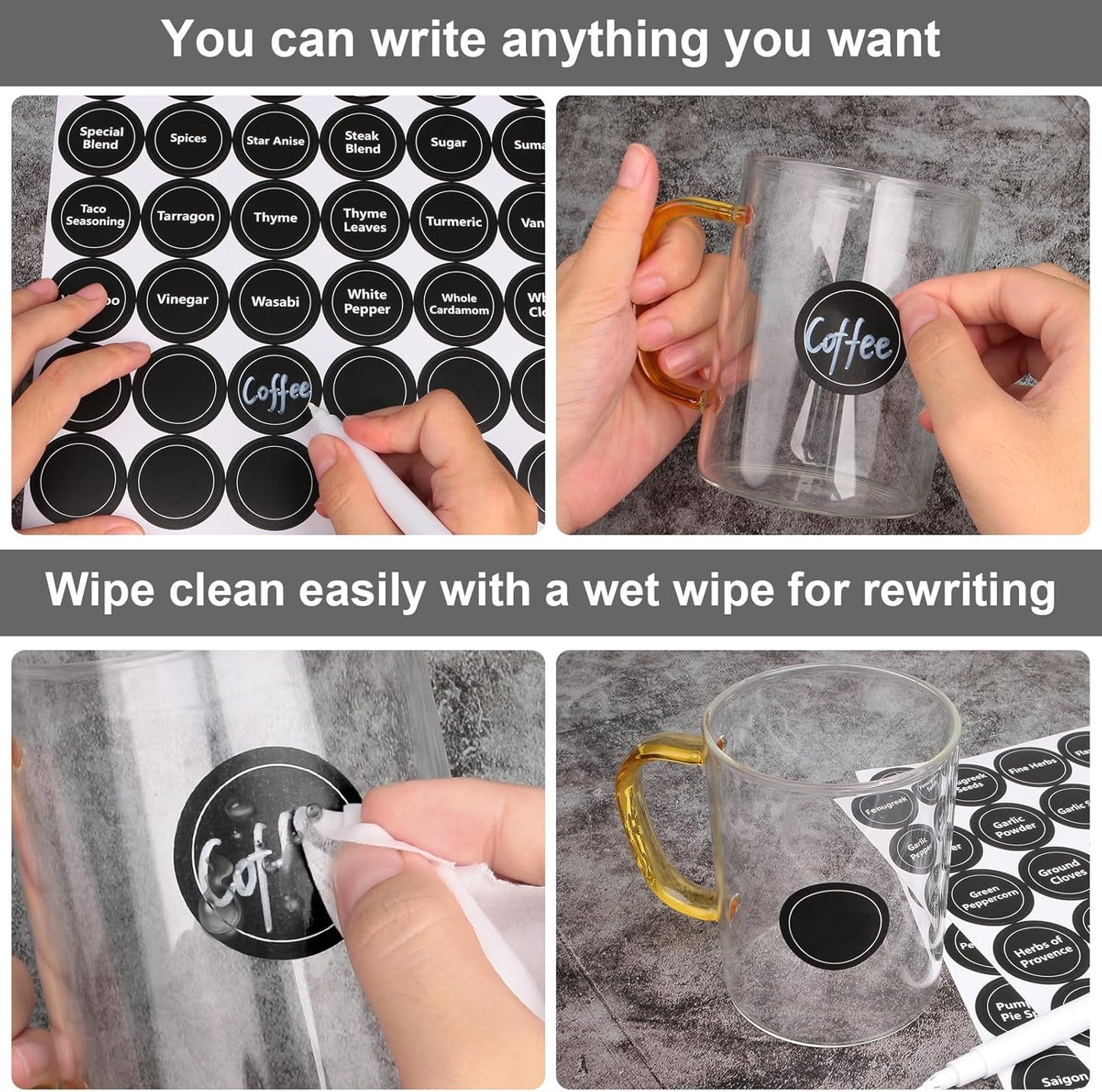 180 Spice Labels for Food Containers, Chalkboard Labels for Jars, Spice Label Stickers Herb Seasoning Kitchen Pantry Labels, Small Chalk Sticker Spice Jar Label round 168 Printed, 1 Erasable Chalk