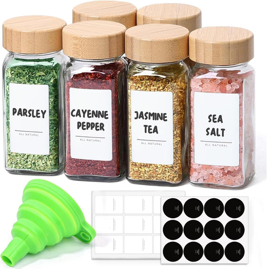 4 Oz 6Pcs Glass Spice Jars with Label, Empty Spice Containers with Bamboo Lids, Square Seasoning Containers Trial and Supplement Set, Small Seasoning Bottles for Salt, Herbs, Sugar, Pepper