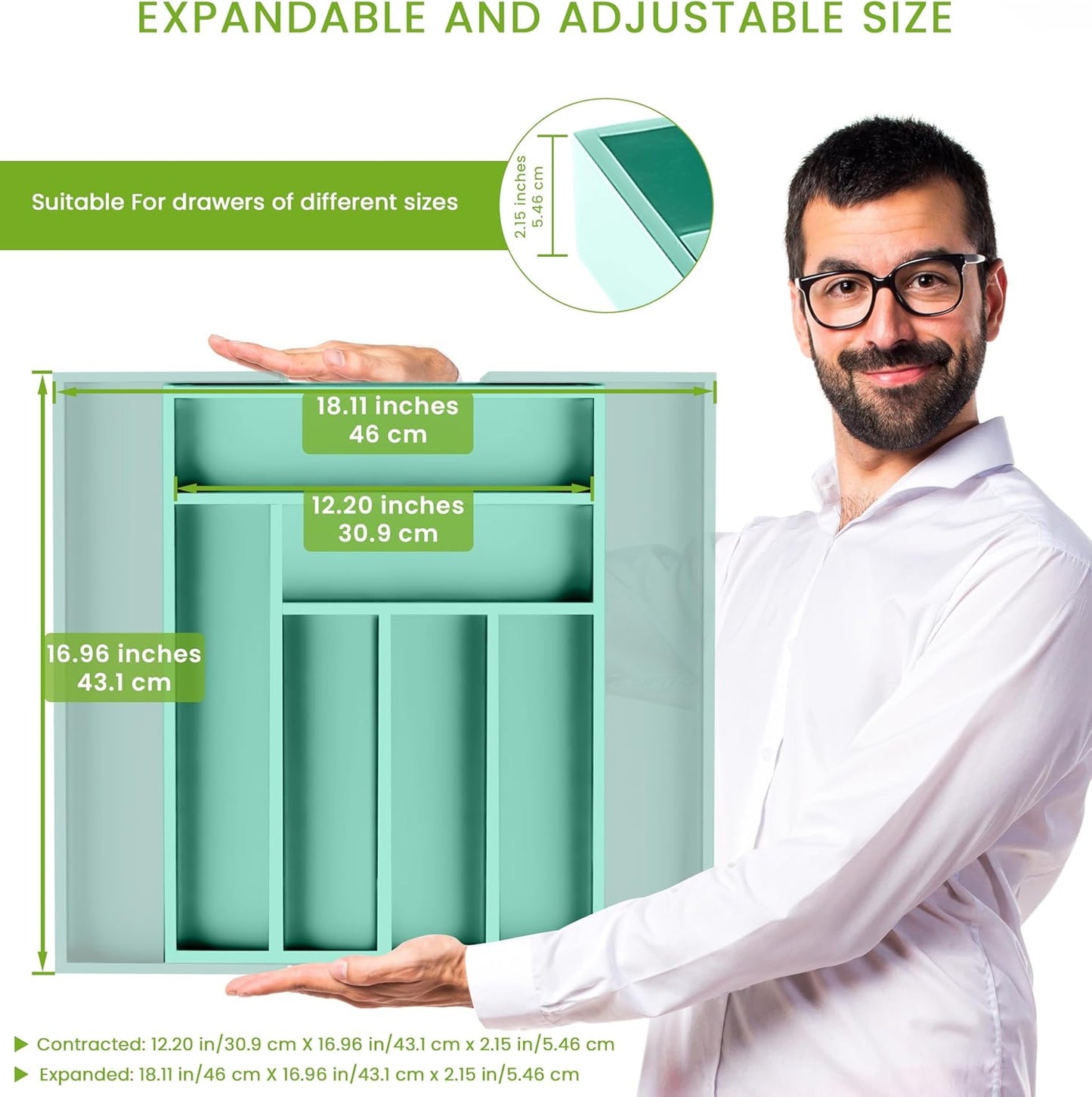 Expandable Bamboo Utensil Drawer Organizer, Silverware Organizer for Cutlery, Utensils, Flatware Holder (6-8 Slots, Mint) Pack of 1