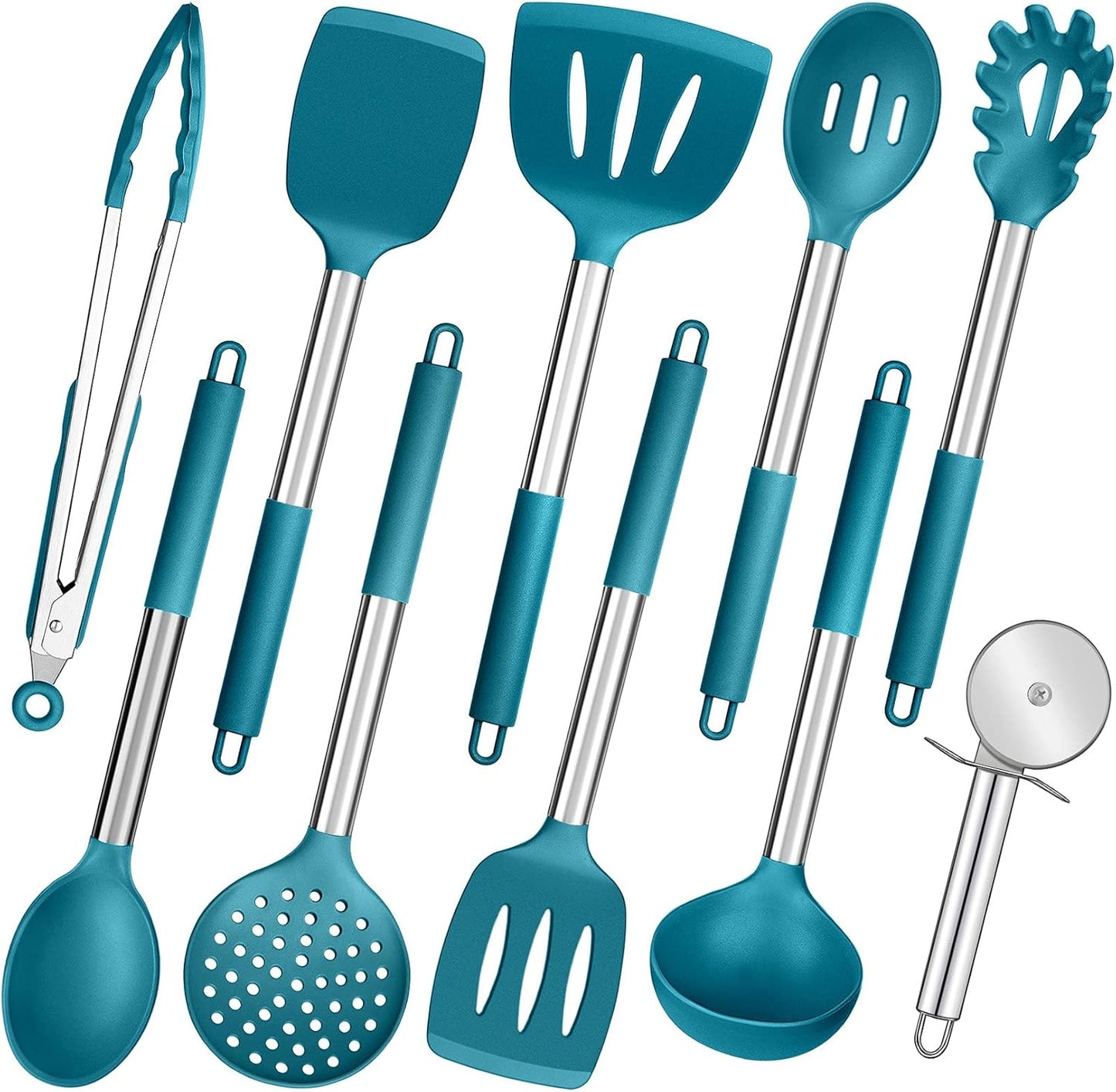 Kitchen Utensils Set of 10,  Heat-Resistant Silicone Cooking Utensil with Stainless Steel Handle, Include Turner,Spatula,Spoon,Tong,Pizza Cutter, Dishwasher Safe, Blue