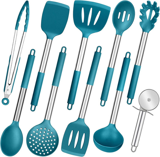 Kitchen Utensils Set of 10,  Heat-Resistant Silicone Cooking Utensil with Stainless Steel Handle, Include Turner,Spatula,Spoon,Tong,Pizza Cutter, Dishwasher Safe, Blue