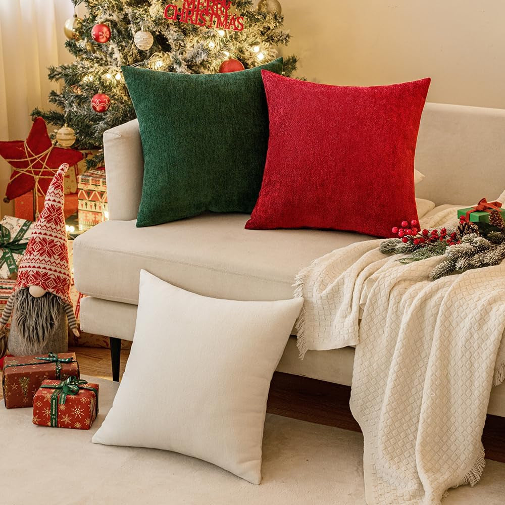 Pack of 2 Red Decorative Christmas Pillow Covers 20X20 Inch Soft Chenille Couch Throw Pillows Farmhouse Cushion Covers for Home Decor Sofa Bedroom Living Room