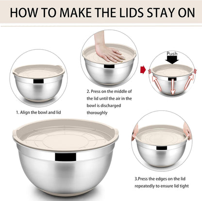 Mixing Bowls with Lids Set of 5, Stainless Steel Nesting Salad Bowl with Lid & Base for Non-Slip Mixing Prepping Storing Serving, 5 Sizes-7/3.5/2.5/1.5/1 QT, Khaki