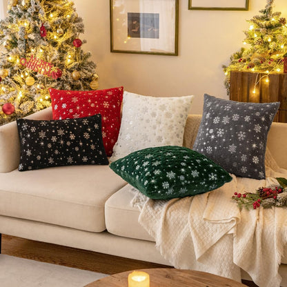 Set of 2 Christmas Decorative Throw Pillow Covers Soft Faux Fur Winter Pillow Covers with Silver Snowflake Glitter Holiday Festival Pillowcases for Couch Sofa Bed, 18×18Inch, Black