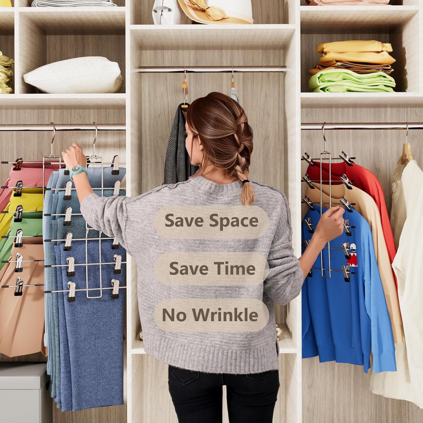 4 Pack Pants & Skirt Hangers Space Saving Hanging Closet Organizer and Storage, Upgrade Skirt Hangers with Clips and 360° Swivel Hook, Closet Storage