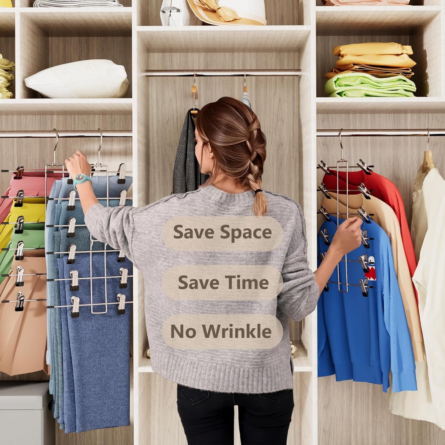 4 Pack Pants & Skirt Hangers Space Saving Hanging Closet Organizer and Storage, Upgrade Skirt Hangers with Clips and 360° Swivel Hook, Closet Storage