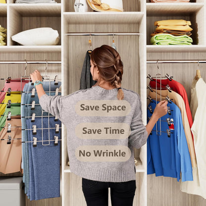 4 Pack Pants & Skirt Hangers Space Saving Hanging Closet Organizer and Storage, Upgrade Skirt Hangers with Clips and 360° Swivel Hook, Closet Storage