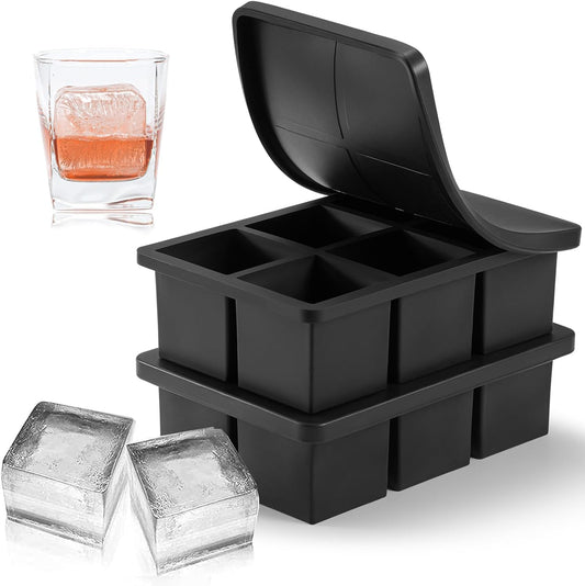 Large Ice Cube Tray with Lid Pack of 2, Stackable 2 Inch Big Silicone Square Ice Cube Mold for Whiskey Cocktails Bourbon Soups Frozen Treats, BPA Free