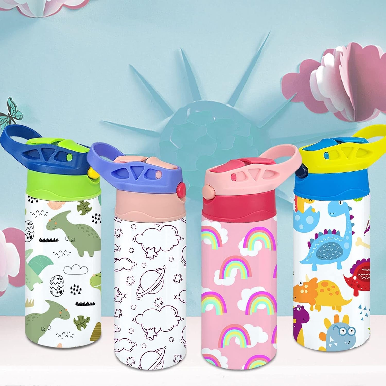 Kids Sublimation Tumbler,12Oz Sublimation Water Bottle Blanks,Straight Stainless Steel Todder Sippy Cup,4Pack Double Wall Insulated Sippy Tumbler with Handle,Shrink Films,Leak Proof