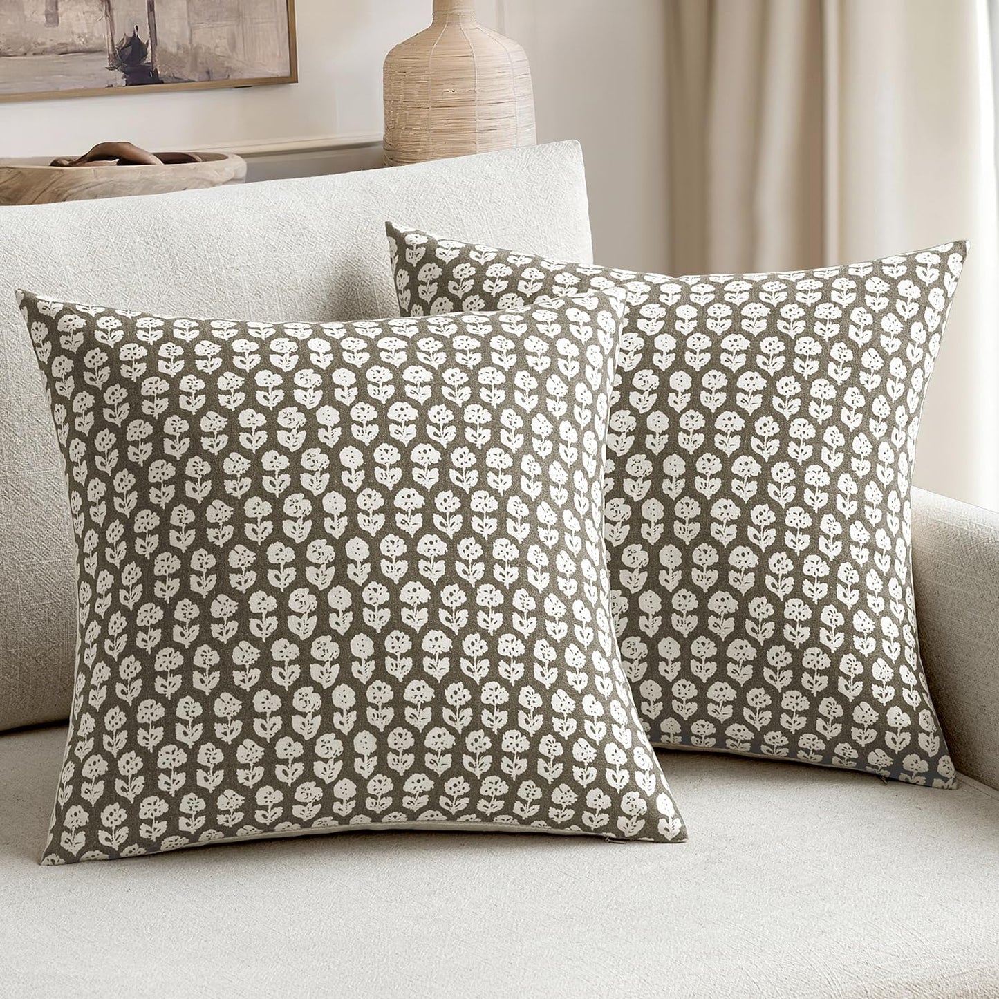 Set of 2 Vintage Floral Block Print Pillow Covers, 20x20 Inches, Neutral Linen Farmhouse Cushion Cases for Living Room Sofa, Light Taupe