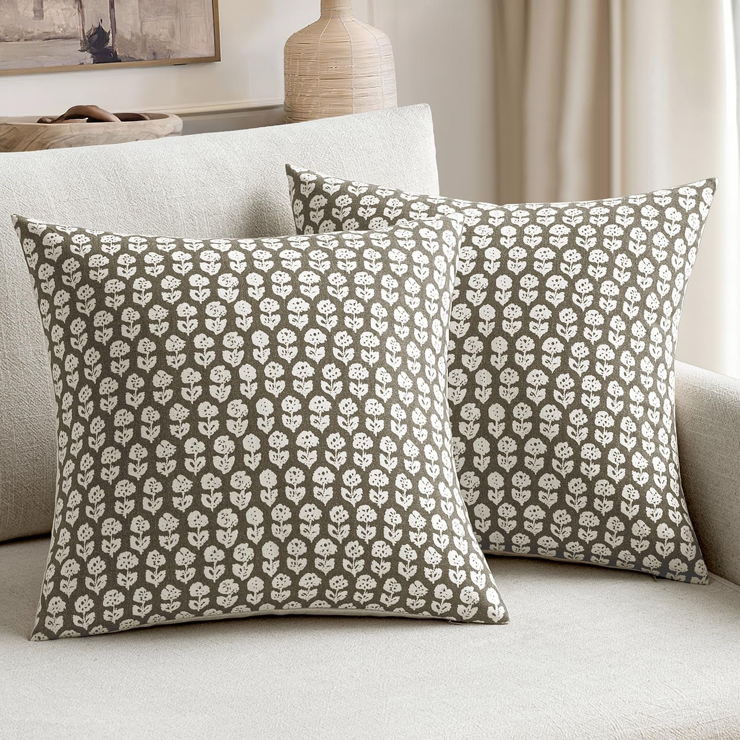 Set of 2 Vintage Floral Block Print Pillow Covers, 20x20 Inches, Neutral Linen Farmhouse Cushion Cases for Living Room Sofa, Light Taupe