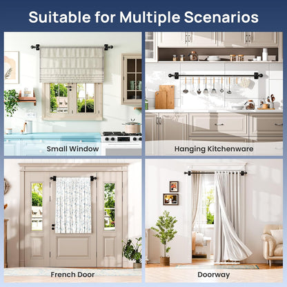 2 Pack No Drill Curtain Rods for Window 28 to 48 Inches, 5/8 Inch Diameter Renter Friendly Drapery Rod with Adhesive Brackets without Drilling, Adjustable from 27 to 52 Inches, Black