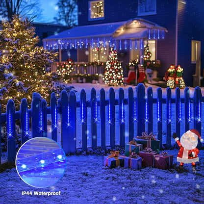 Solar Christmas Lights Outdoor, 8 Tube 144 Leds Solar Meteor Shower Lights Outdoor, Hanging Christmas Light for Gazebo Tree Icicle Garden Yard Party Patio Xmas Decor (Blue)