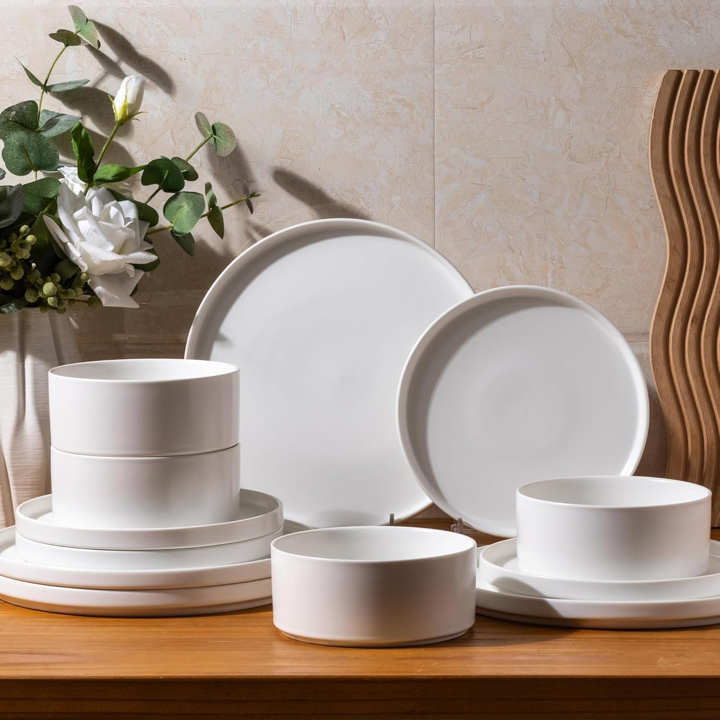 Ceramic Dinnerware Set for Four - 12-Piece Stoneware Plates and Bowls, Chip and Crack Resistant, Dishwasher and Microwave Safe, Scratch Resistant - Matte White Finish