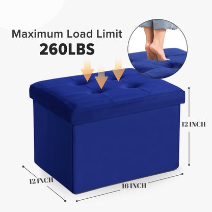 Navy Small Velvet Rectangle Ottoman with Storage - Button-Tufted Folding Foot Rest for Desk or Room Use (16"x12"x12")