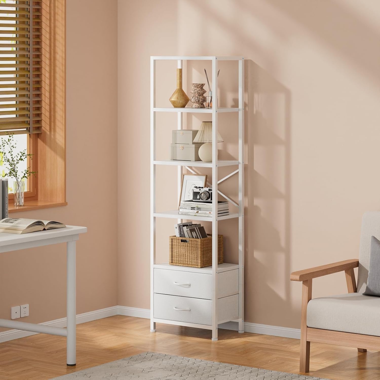 5-Tier Corner Shelf with 2 Storage Drawers, Tall Wood Display Bookcase and Organizer Unit for Living Room and Bedroom, Metal Frame (White)