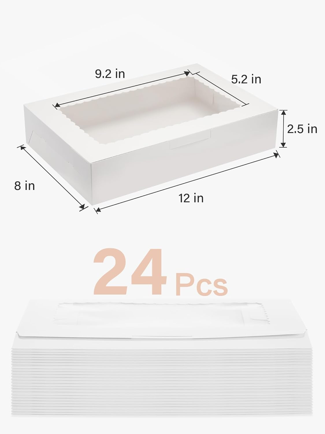 24 Pack Bakery Boxes with Window, 12" X 8" X 2.5", White Cookie Packaging for Chocolate Covered Strawberries, Cupcakes, Donuts, Treat, Baked Goods, Auto-Popup Design
