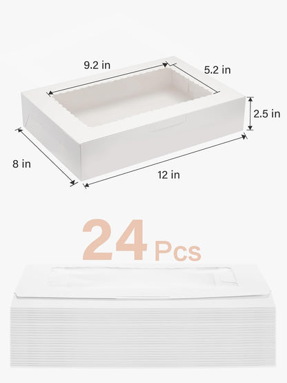 24 Pack Bakery Boxes with Window, 12" X 8" X 2.5", White Cookie Packaging for Chocolate Covered Strawberries, Cupcakes, Donuts, Treat, Baked Goods, Auto-Popup Design