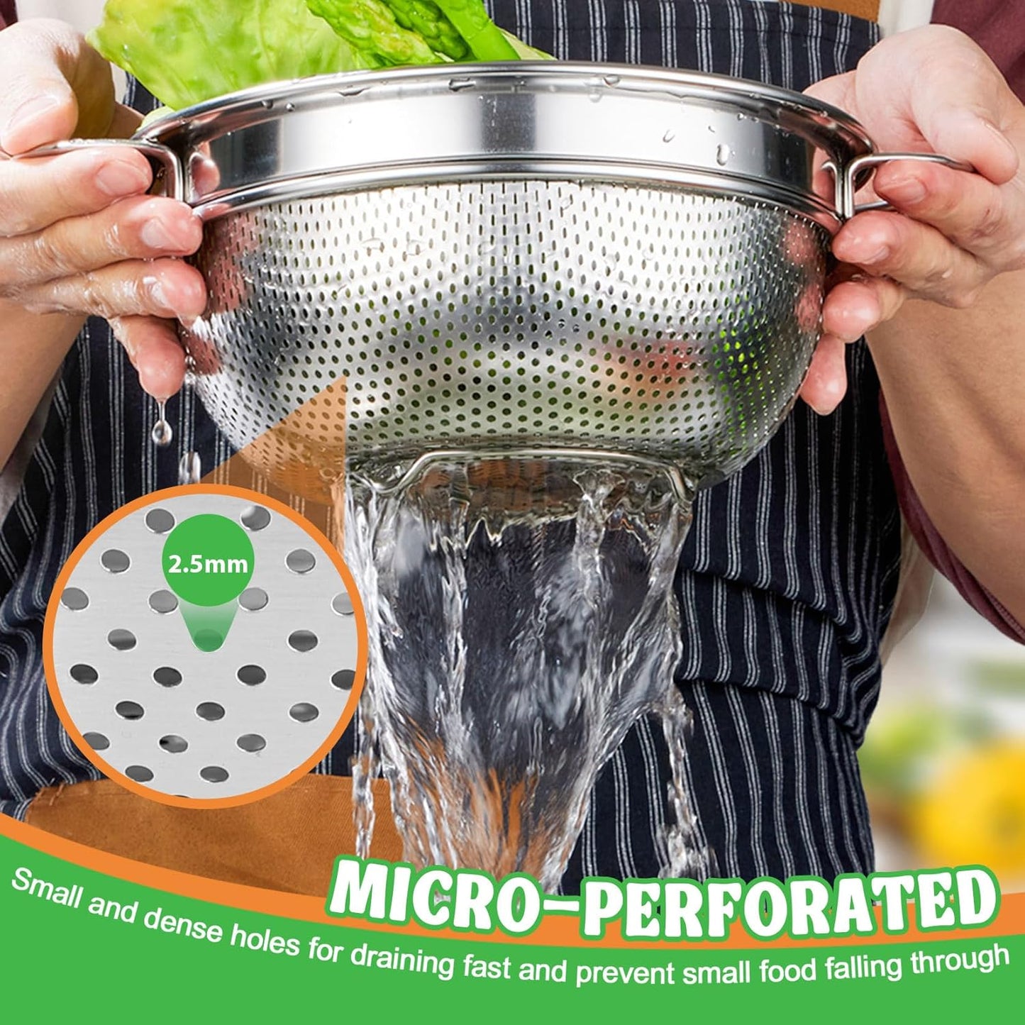 Colander Strainer Stainless Steel 3 Quart, Metal Micro-Perforated Colander for Kitchen Food, Ideal for Rinsing Washing Draining, Dishwasher Safe, Shiny Silver, 2PCS