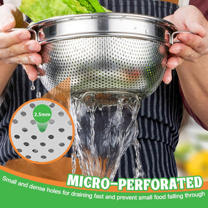 Colander Strainer Stainless Steel 3 Quart, Metal Micro-Perforated Colander for Kitchen Food, Ideal for Rinsing Washing Draining, Dishwasher Safe, Shiny Silver, 2PCS