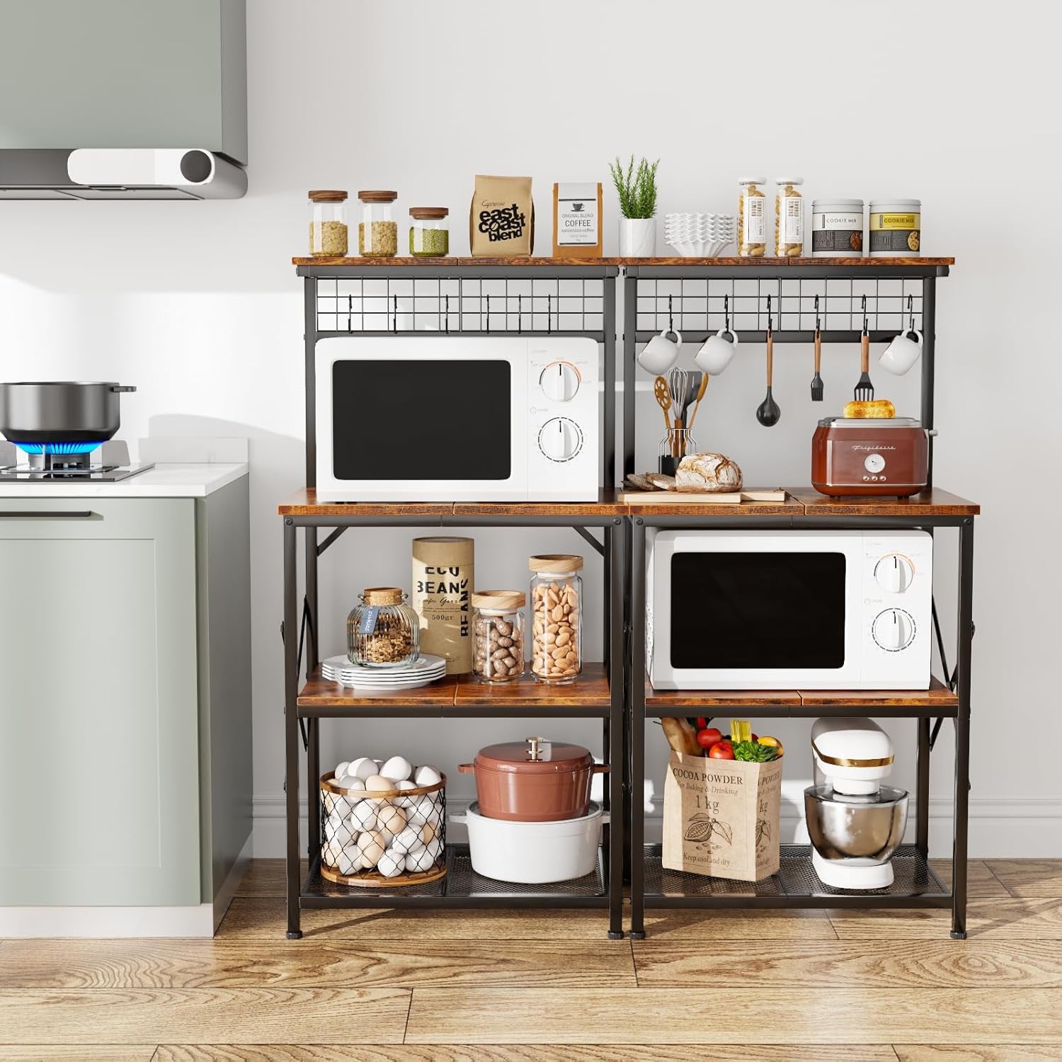 Kitchen Bakers Rack with Hutch, Coffee Bar Station 4 Tiers, Microwave Oven Stand with 6 S Hooks and Pegboard, Kitchen Microwave Rack for Spice Organizer Workstation, Rustic Brown