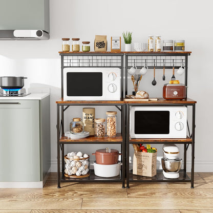 Kitchen Bakers Rack with Hutch, Coffee Bar Station 4 Tiers, Microwave Oven Stand with 6 S Hooks and Pegboard, Kitchen Microwave Rack for Spice Organizer Workstation, Rustic Brown