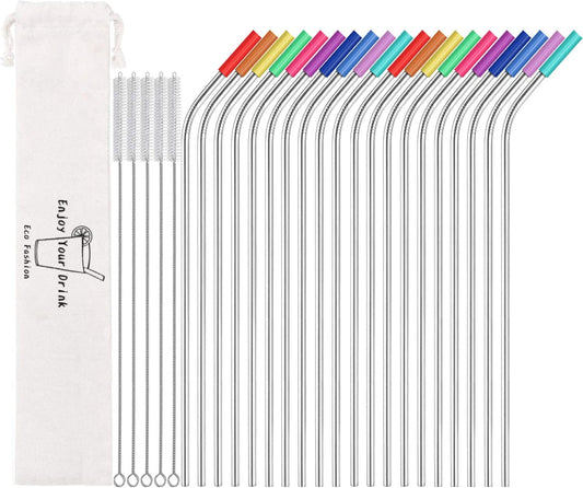 Set of 20 10.5" Reusable Bent Stainless Steel Straws with 20 Silicone Tips 5 Cleaning Brush 1 Travel Case Eco Friendly Extra Long Metal Straw Drinking for 20 24 30 Oz Tumbler