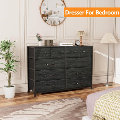 Black Oak Bedroom Dresser and TV Stand Entertainment Center with 10 Fabric Storage Drawers and Sturdy Metal Frame for Living Room and Entryway