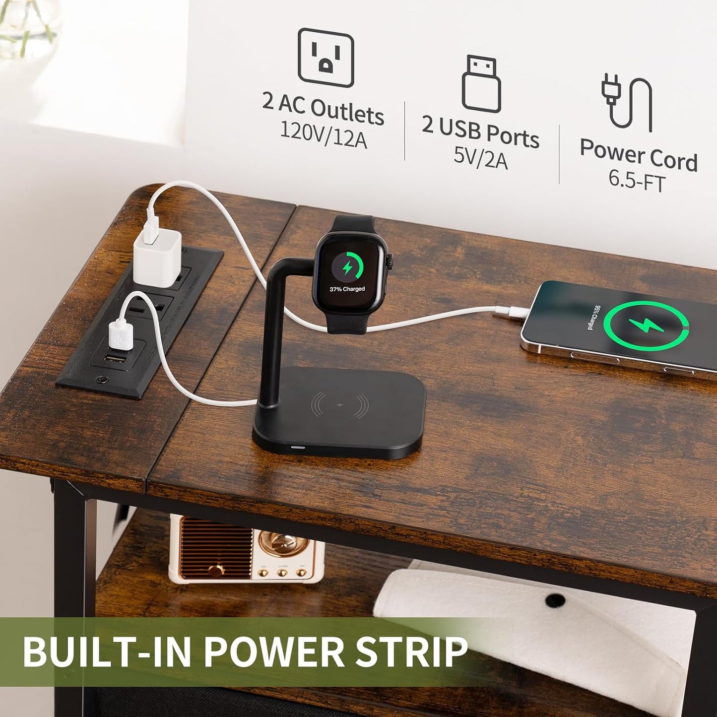 End Table with Charging Station, Narrow Side Table with Adjustable Fabric Drawer, 3-Tier End Tables Living Room, Small Nightstand with Outlets, LED Skinny Night Stand for Bedroom Small Spaces