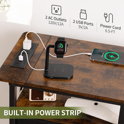 End Table with Charging Station, Narrow Side Table with Adjustable Fabric Drawer, 3-Tier End Tables Living Room, Small Nightstand with Outlets, LED Skinny Night Stand for Bedroom Small Spaces