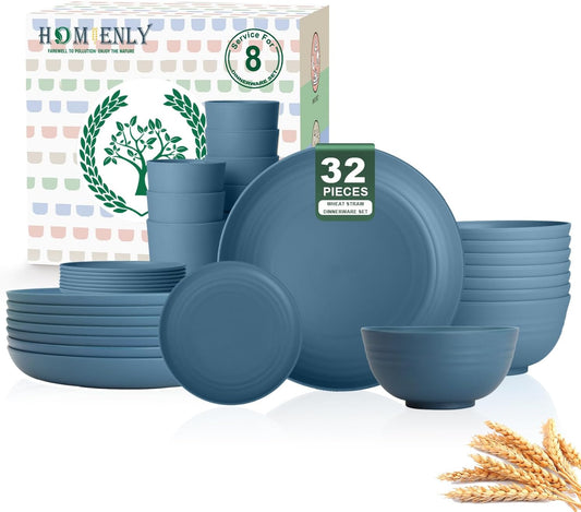 Premium Wheat Straw Dinnerware Set - Complete with Dinner Plates, Dessert Plates, Cereal Bowls, and Drinking Glasses - Microwave and Dishwasher Safe - Perfect for Camping - Blue