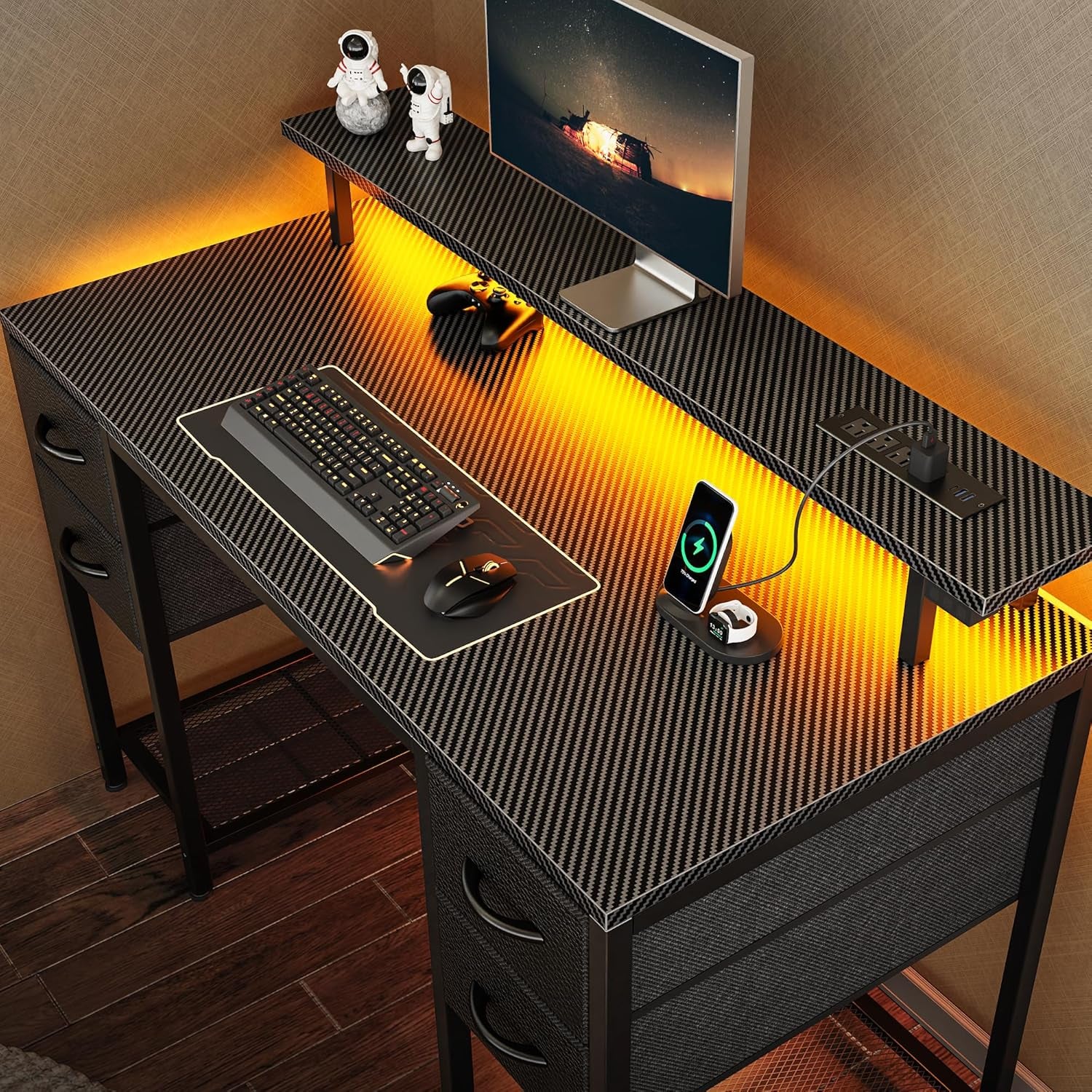 47-Inch Carbon Fibre Black Computer Desk with 4 Drawers, LED Lighting, and Power Outlets - Ideal for Home Office and Gaming with Ample Storage Space